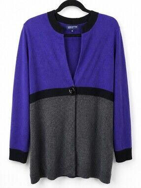 Purple Gray Black Colorblock Wool Angora Longline One Button Cardigan Sweater L